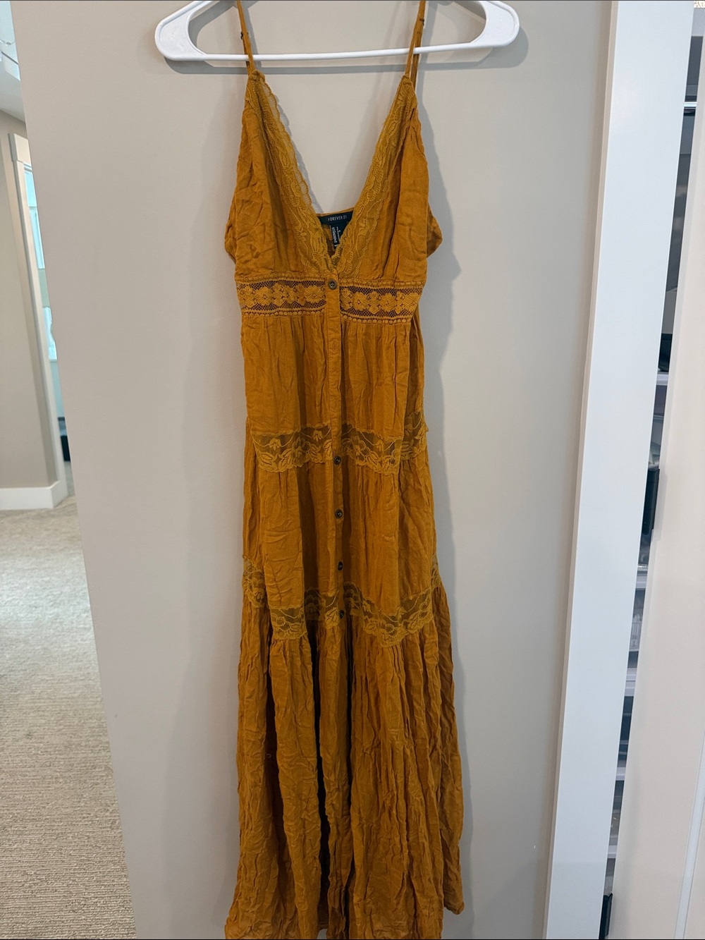 Forever 21 Mustard Yellow Lace-Trim Maxi Dress